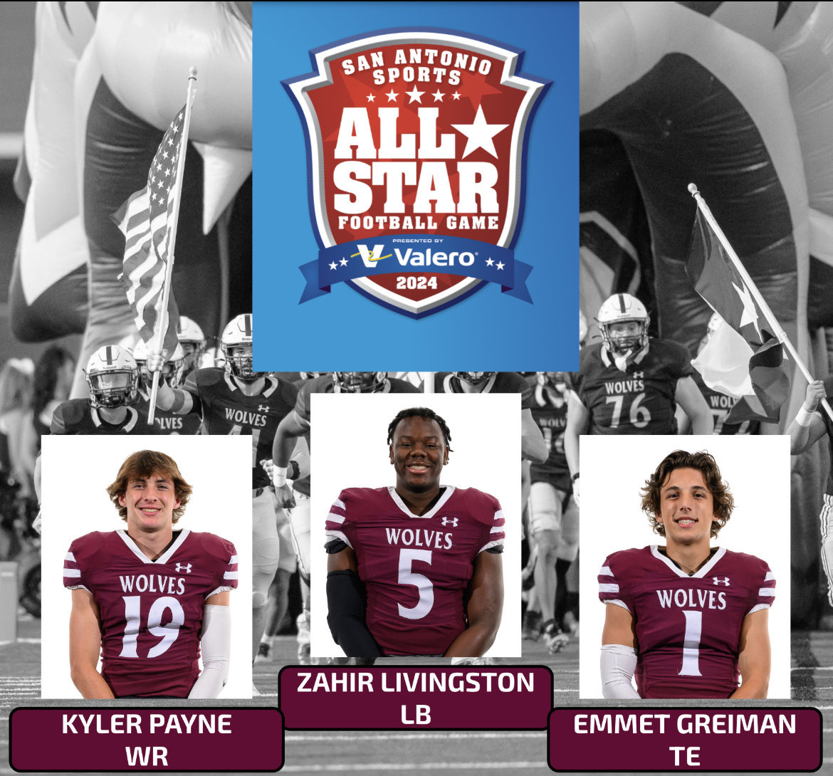 GAME DAY!!!! Kickoff at 5pm at the Alamodome. Go support our ALL-STARS. Team GOLD 🐺 🏈 #BTP <a href="/EGreiman/">Emmet Greiman</a> <a href="/KylerPayne23/">Kyler Payne</a> <a href="/ZahirLivingston/">Zahir Livingston</a>