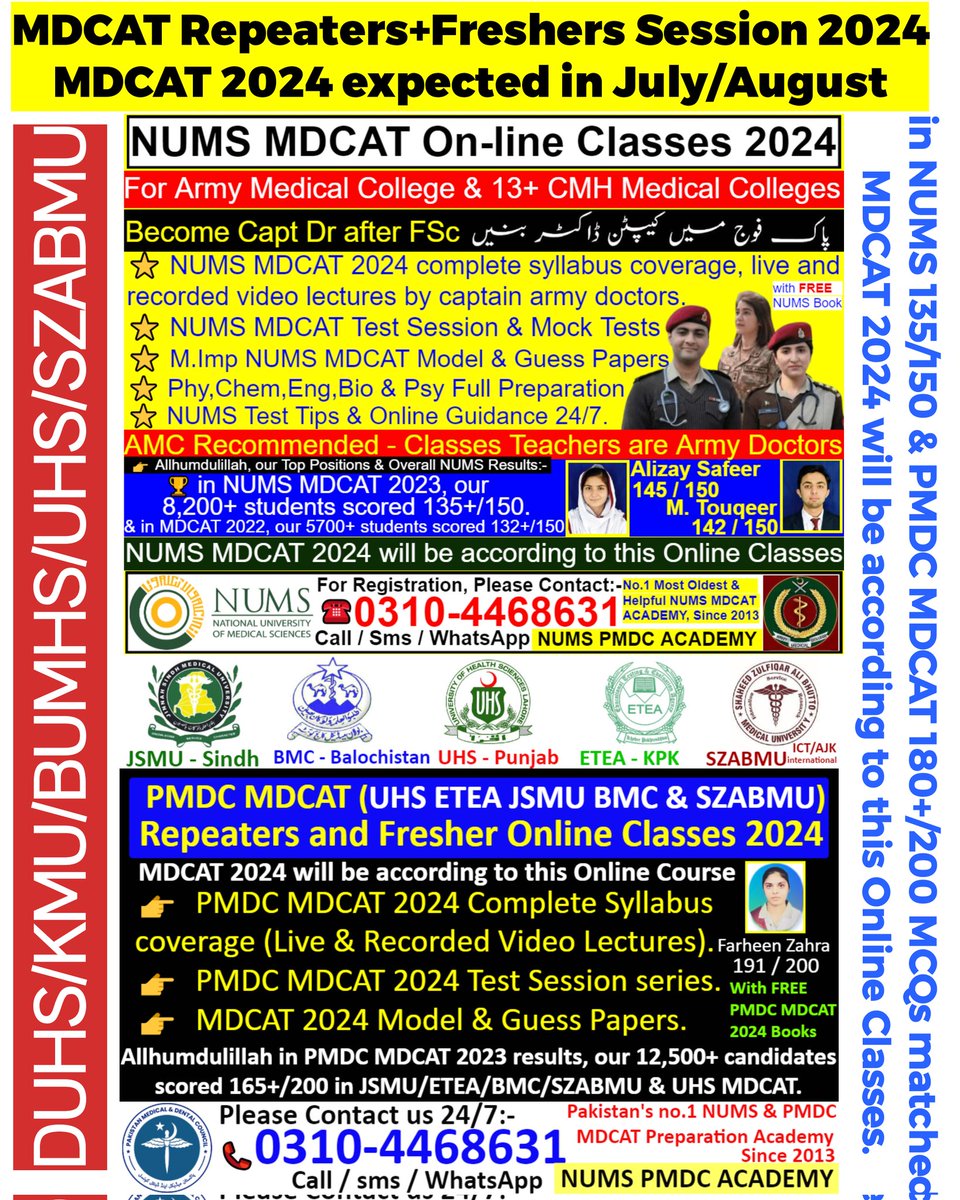NumsPmc's tweet photo. #ATTENTION MDCAT candidate's
MDCAT 2024 date/syl
✔️NUMS MDCAT: 8th Sep
✔️PMDC MDCAT: 1st Sep
NUMS MDCAT | UHS Punjab | KMU KPK | DUHS Sindh | BUMHS Balochistan | SZABMU ICT/AJK #numsentrytest #numsbook #mdcat2024 #mdcatsyllabus2024 #numsonlineclasses #amc #cmh #army #armydoctors https://t.co/FQQ8K58dxj