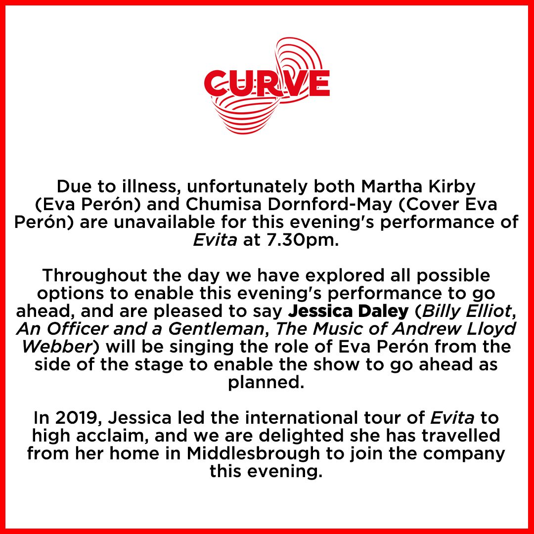 CurveLeicester's tweet photo. In case you missed it, we're delighted to confirm this evening's 7.30pm performance of Evita is going ahead as scheduled. More details below 👇 https://t.co/zlojm7bOmk