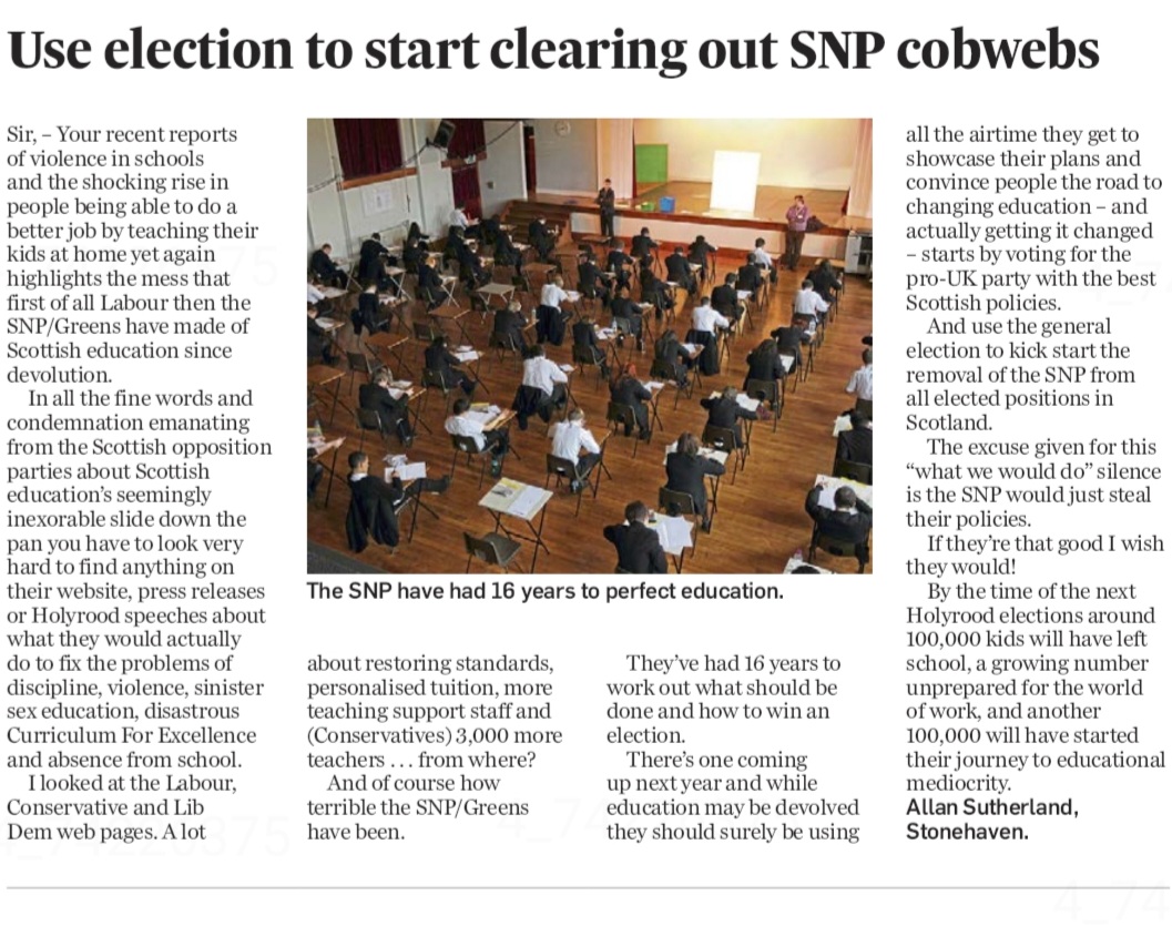 None of the parties in Scotland - SNPGreens Lab,Libdem or Tory have answers to the decline of scottish education that started with Labour 's Curriculum for Excellence and further wrecked by the SNP