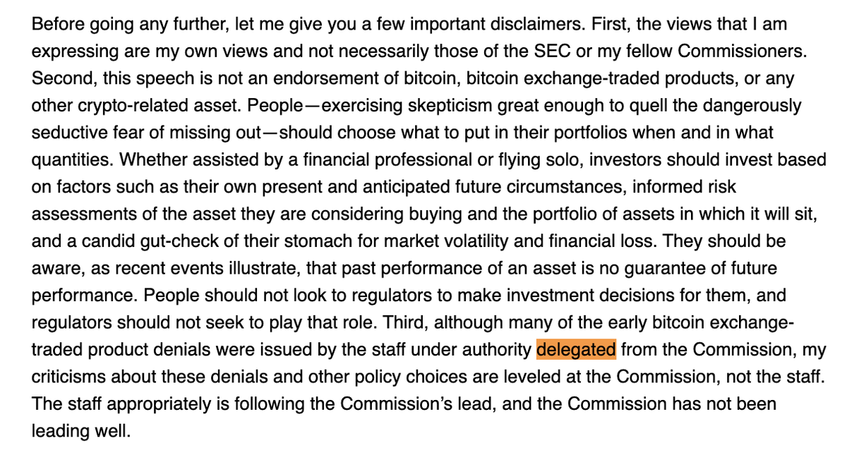EricBalchunas's tweet image. Re the "but the SEC hasn't voted" and how that's some kind of poss rug pull. Few things, the SEC has never voted on bitcoin ETFs (spot denials or the futures approvals), they were denied or approved via "Delegated Authority" (see below from commish Peirce speech) which would make…