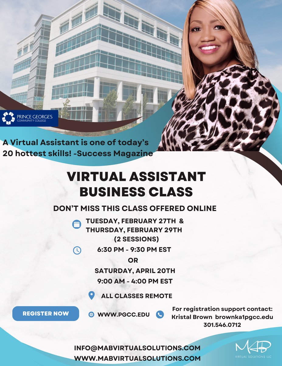 MABVirtualSol's tweet image. Grab your virtual seat this year and let’s go! 💪🏽

Check out our flyer and share with your network. Register at pgcc.edu under “Owl Link” (BUS-432) or email/call Kristal Brown at brownka1@pgcc.edu/301.546.0712.

#pgcc #virtualassistant #va #entrepreneurs #smallbiz