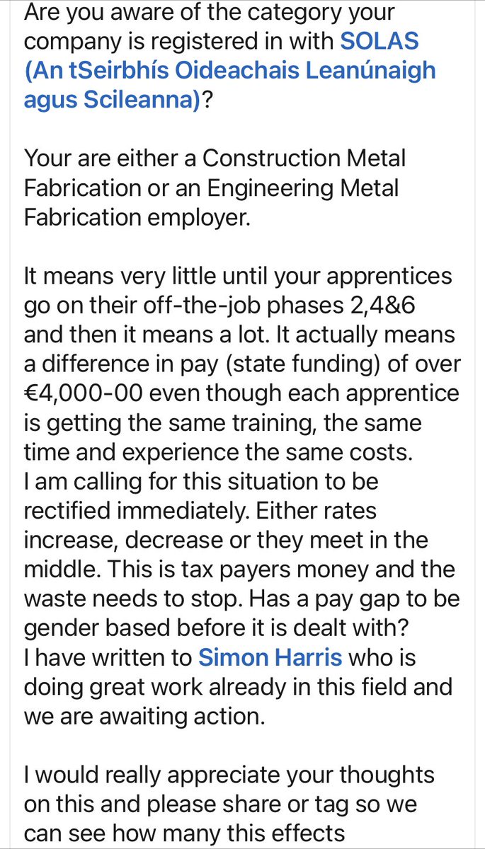 Hi,
I am trying to highlight an issue that is allowed to exist within our apprenticeship system which is basically as noted below. <a href="/SimonHarrisTD/">Simon Harris TD</a> <a href="/NiallCollinsTD/">Niall Collins</a> <a href="/Jackie_HealyRae/">Jackie Healy-Rae</a> <a href="/Gov/">Government</a>