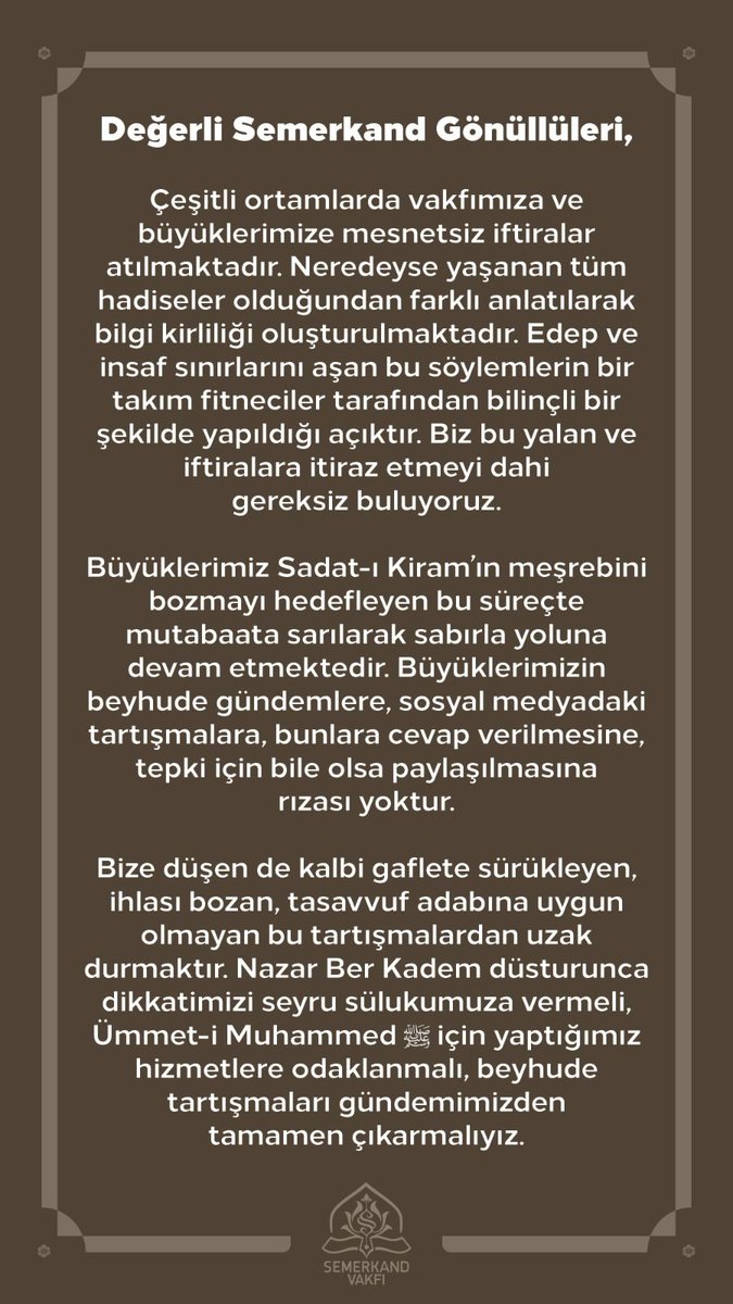 O_Mhfz's tweet photo. Büyüklerimiz Sadat-ı Kiram’ın meşrebini
bozmayı hedefleyen bu süreçte
mutabaata sarılarak sabırla yoluna
devam etmektedir. Büyüklerimizin
beyhude gündemlere, sosyal medyadaki
tartışmalara, bunlara cevap verilmesine,
tepki için bile olsa paylaşılmasına
rızası yoktur. https://t.co/4COuUuKZb5