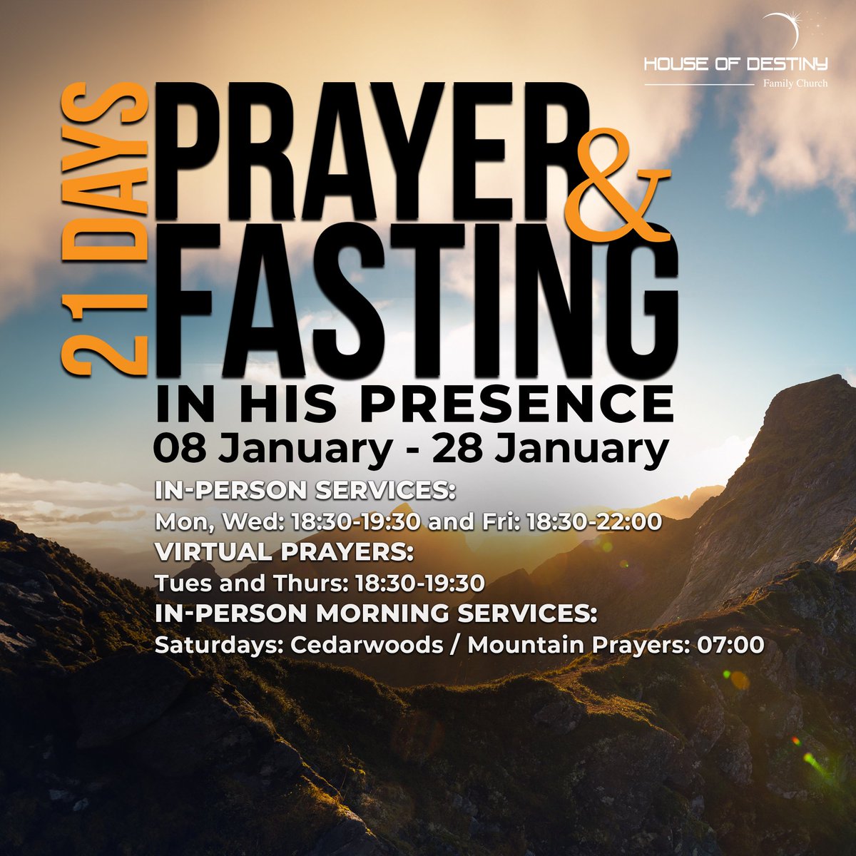HouseofDestinyC's tweet photo. We are super excited for the upcoming 21 days of Prayer and Fasting. Please book your diary and be sure to join us from Monday the 8th of January. #chainsbroken #healing #wordofGod #inHispresence #prayer #fasting https://t.co/E0f51R0S5p