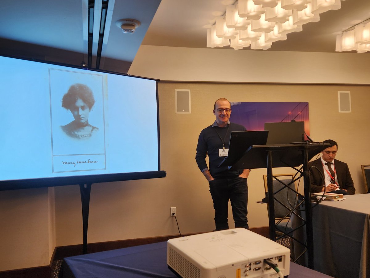 SHARPatAHA's tweet photo. Seth Perry is presenting now, on Mary MacLane's controversial autobiographical writings on Christianity (apparently, the original title of "The Story of Mary Maclane" was "I Await the Devil's Coming") #aha24 #aha2024 https://t.co/Ijz6zdnxPH