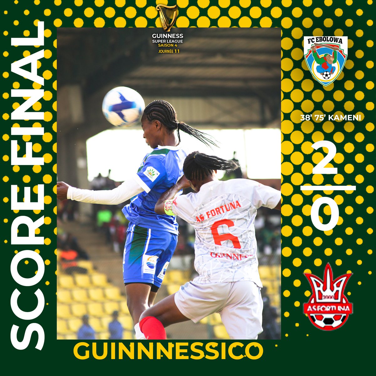 FCEbolowa's tweet photo. GSL4-J11: #FloraKAMENI de  @FCEbolowa est la 11ème #WomanOfGuinnessico. L'attaquante a claqué un doublé durant le #Guinnessico #FCEFOR
#WeAreBeNgonYâEbolowoo💚💙 #WomanOfGuinnessico
#GSL4 #LFFC #Fecafoot #Day6 #FootballFeminin #PAK #UltimateSarlCameroun #EnsembleEcrivonslHistoire https://t.co/oZOGuDjjIW