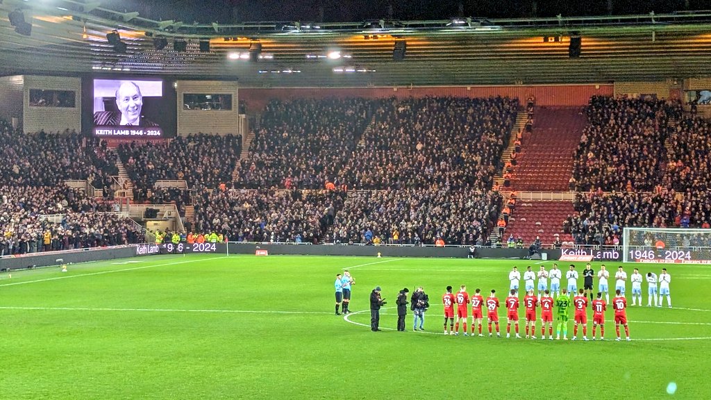 Tosh_Warwick's tweet photo. A touching tribute to Keith Lamb at the Riverside this evening. Up the Boro #utb #teessider #middlesbrough #facup https://t.co/clpwBB8ylc