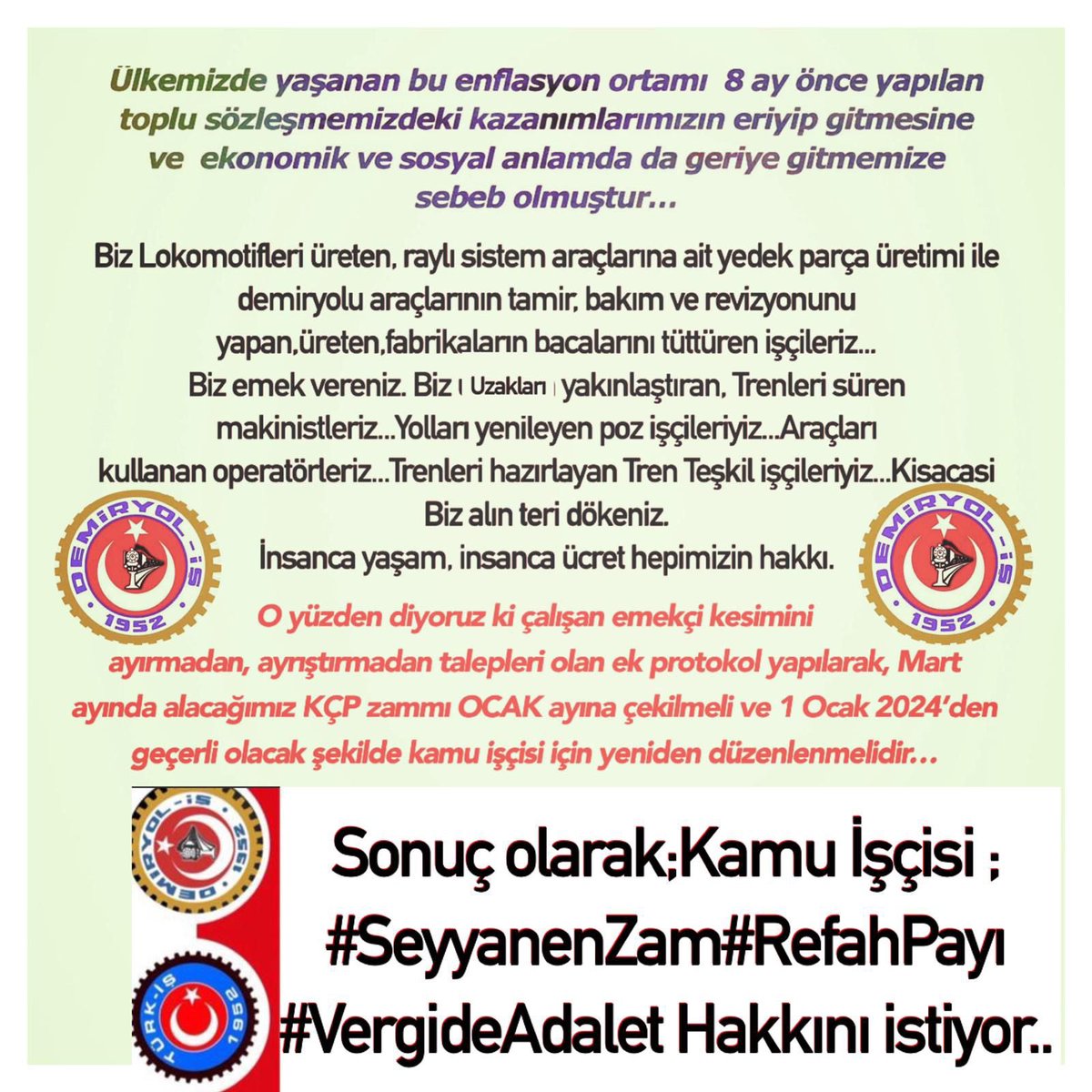 demiryolissend's tweet photo. 750 Bin Kamu İşçisi ;
#SeyyanenZam
#RefahPayı
#VergideAdalet 
Hakkını istiyor..
 
@csgbakanligi 
@iletisim 
@turkiskonf 
@iscihaber 
@iscininsesiyim 
@ankara_kusu https://t.co/98B2IzLHmg