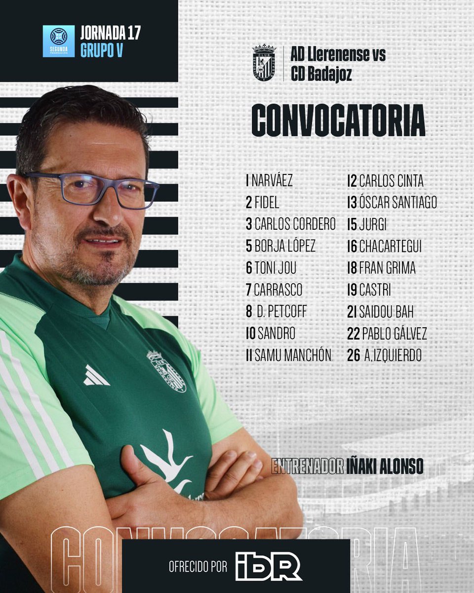 ¡Nuestra convocatoria para el encuentro 🆚 AD Llerenense de la jornada 1⃣7️⃣!

#LlerenenseBadajoz | #SegundaRFEF