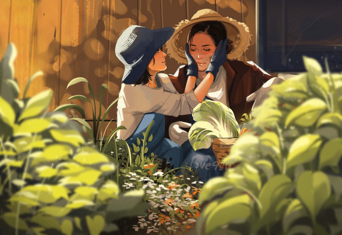 love98u's tweet photo. country side avatrice au✨ this is how I imagine them in their lil garden. also, B is probably crying inside bc Ava touched her face with her dirty gloves lol https://t.co/9ZLl7C10ZG