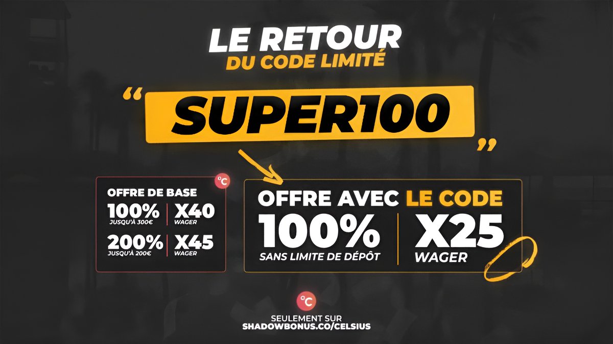 vitaisback's tweet photo. NOUVEAU CODE POUR VOUS ! 🎉

➔ 100% X25 SEULEMENT
➔ Dispo pour tout le monde 🗺️ 
➔ Rentrez le code SUPER100 sur https://t.co/zNCKeEyTHJ.
➔ Dépôts possibles jusqu'au lundi 08/01 à 23h59, puis 2 semaines pour finir le wager ⌚ 

GL ! 🍀