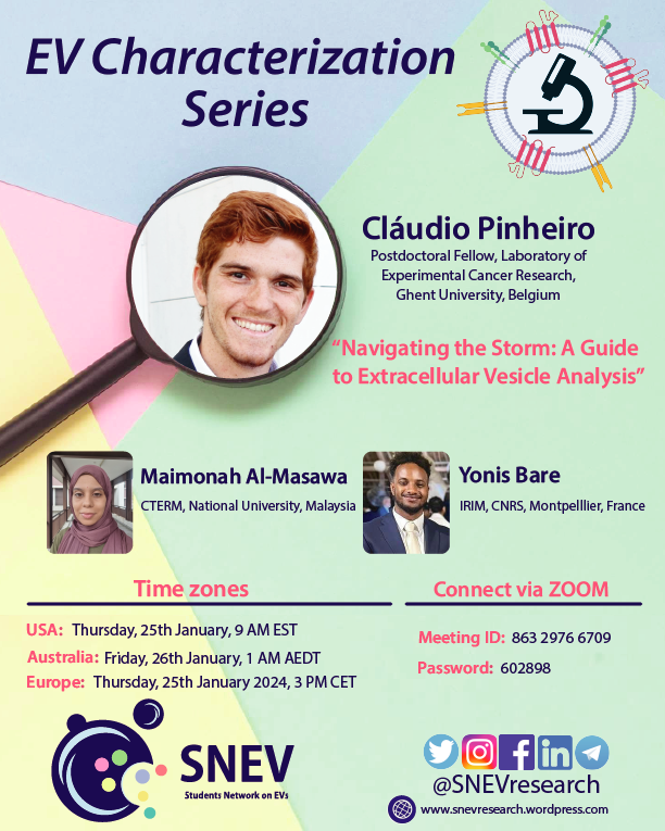 SNEVresearch's tweet photo. This January 25th, join our #SNEVCharacterization series with Cláudio Pinheiro (@caapinheiro93, @ResearchUGent 🇧🇪) to navigate the storm of processing EVs and discuss the advantages and challenges of choosing the proper method for your application.
👉 https://t.co/daQ4TcEIpW https://t.co/P1n0zDHwK4
