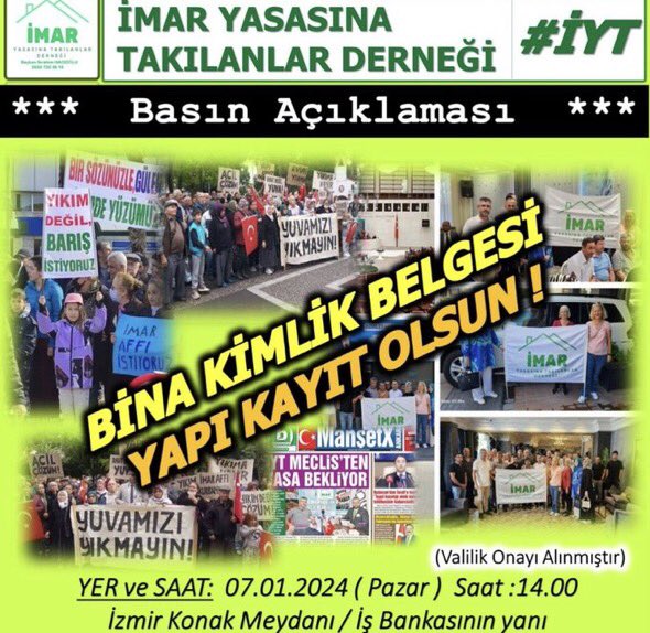 <a href="/iytdernegi/">İMAR YASASINA TAKILANLAR DERNEĞİ TÜRKİYE</a> Vatandaşın TAPULU Yerine bir türlü RUHSAT Alamadığından,Barınmak İçin Yaptığı Mütevazi Denetime bile Tabi Olmayan,AzKat Yapılar Özel Statüye Tabi Olmalı  #deprem de Hayati Riskleri Yok.Sosyal Devlet Anlayışıyla
#BinaKimlikSistemineYapıKayıt
<a href="/RTErdogan/">Recep Tayyip Erdoğan</a> 
Murat Kurum  #İYT