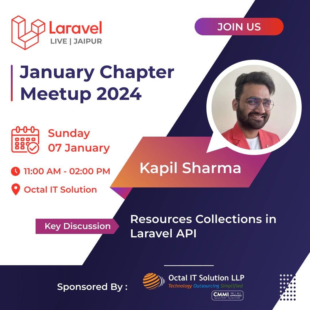 laravel_jaipur's tweet image. ⏰ Set Your Timers! Kapil Sharma&apos;s talk on &quot;Resource Collections in Laravel API&quot; begins in 30 minutes at #Laravel Jaipur Meetup. Gear up for insights into API efficiency! 💻 #DeveloperCommunity #LaravelAPI