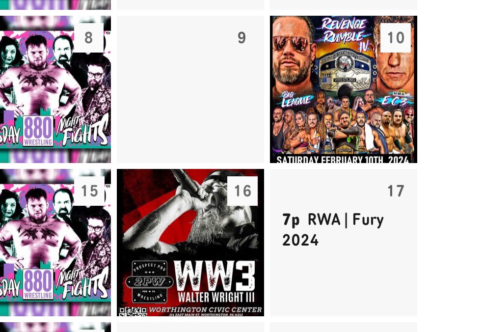 Check out it our NEW event calendar for our partners!  Listing all public recording and live events.  

indywrestling.us/live-events