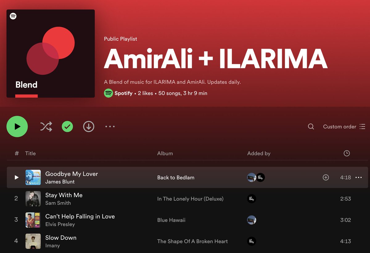 iLaRimaa's tweet photo. AmirAli and I just crafted a Spotify Blend, and the top-of-the-page names are looking absolutely awesome!😂 🤌🏽
@amiralii 
#SpotifyBlend #AmirAli https://t.co/bI98VdBuaQ