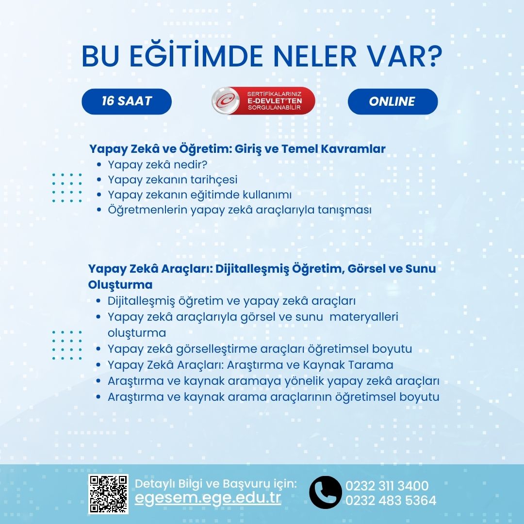 Merhabalar, sömestrda yine #egitimdeyapayzeka uygulamalarını konuşacağız, çevrimici ve uygulamalı eğitimimize tüm egitimcilerimizi davet ediyoruz. Görüşmek dileğiyle 😄👩‍💻 👨‍💻👨‍💻<a href="/UniversiteEge/">Ege Üniversitesi</a> <a href="/ProfNecdetBudak/">Prof.Dr.Necdet BUDAK</a> <a href="/eu_egesem/">EGESEM</a> <a href="/tarikkisla/">Tarık KIŞLA</a> <a href="/cmollaoglu/">Çağdaş Mollaoğlu</a> egesemsistem.ege.edu.tr