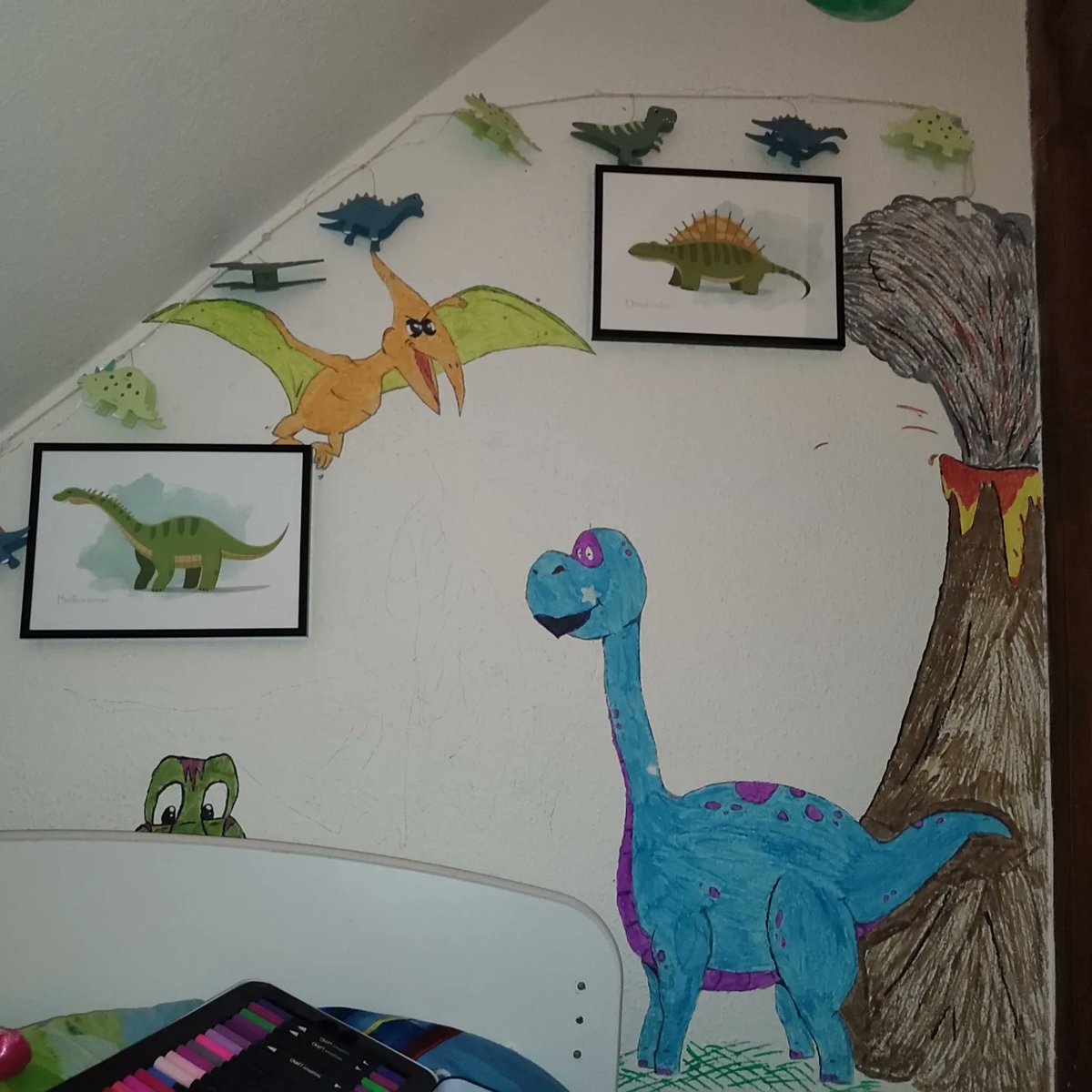 I started a spontaneous art project in my son's room today &amp;  so far I'm satisfied with the progress 😊😁

#drawing #dinosaur #selfmade #love #proud #paintings #decoration