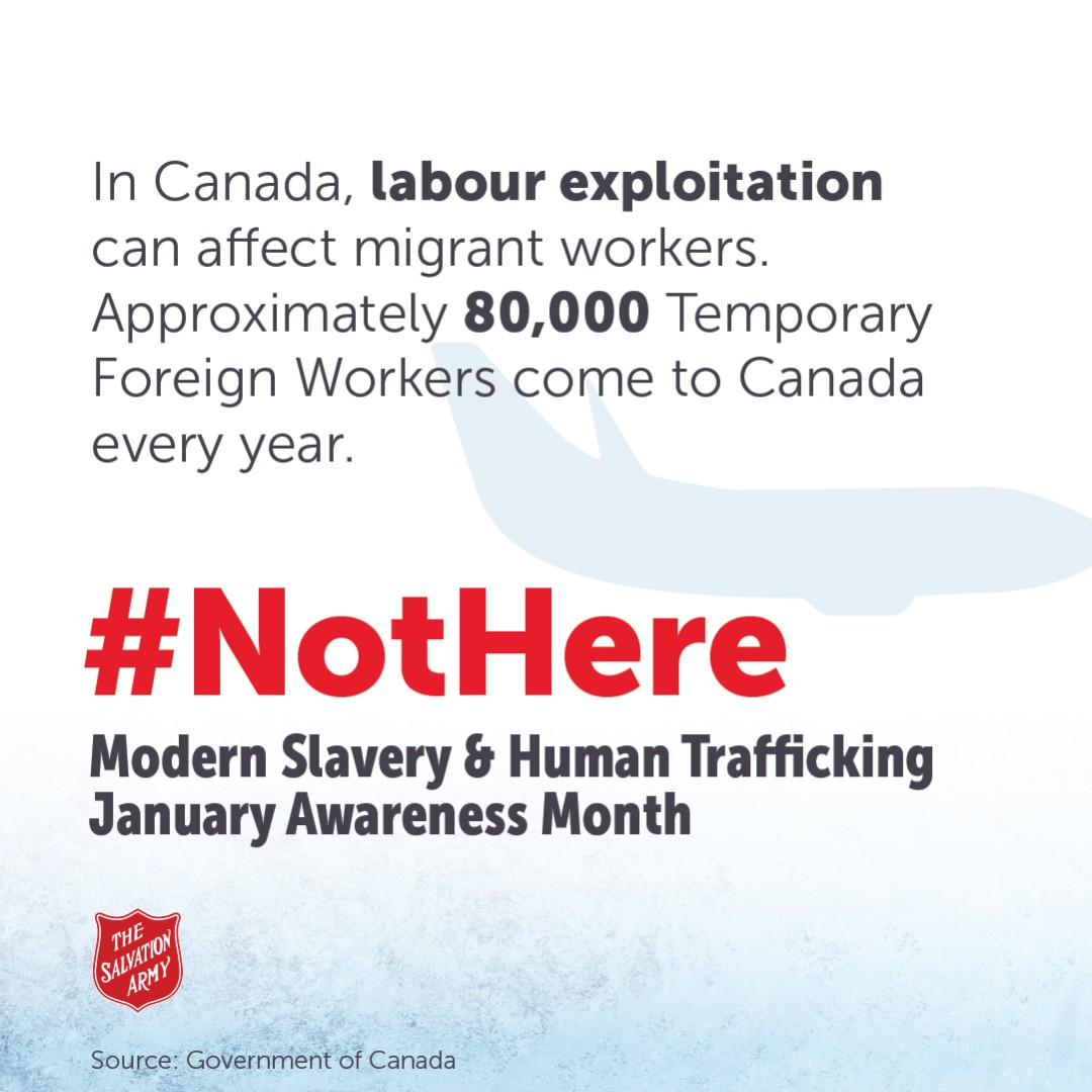 TSAPrairies's tweet image. In Canada, labour exploitation can affect migrant workers. Approximately 80,000 Temporary Foreign Workers come to Canada every year. Do your part by sharing this post to help raise awareness &amp;amp; prevent trafficking #NotHere
Be informed and get involved today Salvationist.ca/not_here_movem…