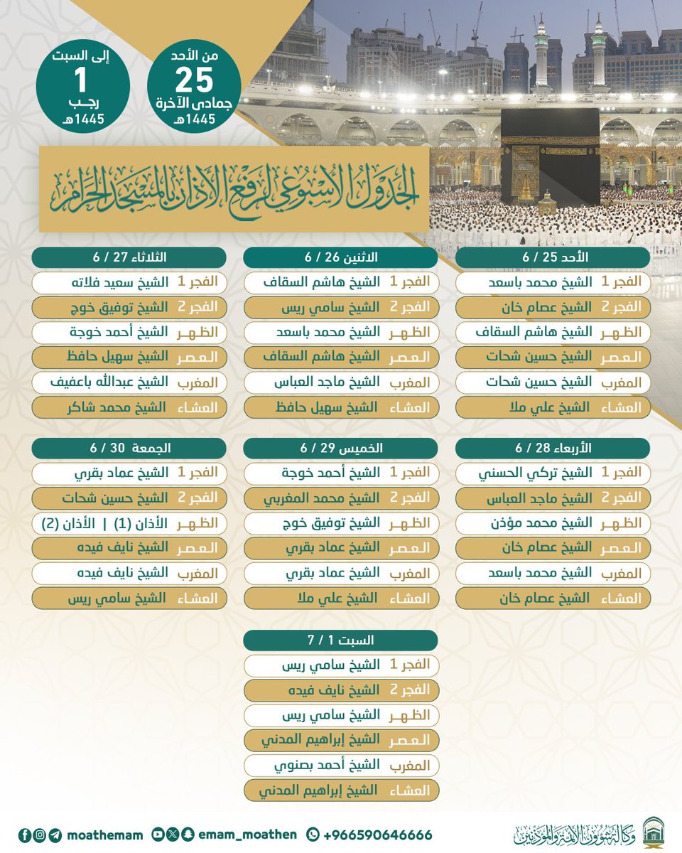 Imaams and Muadhins Schedule at Masjid Al Haram and Masjid An Nabawi