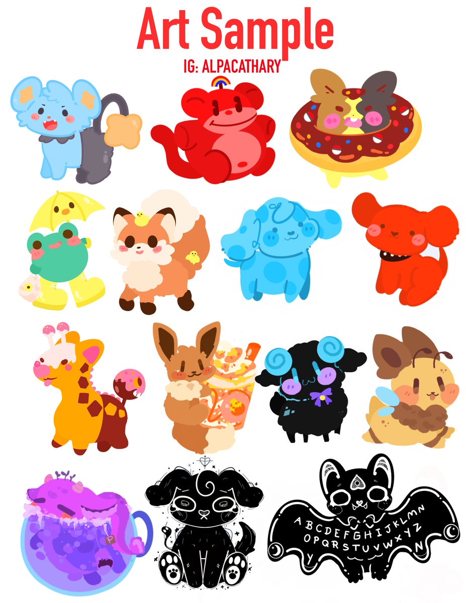 Alpacathary's tweet photo. Looking to commission some art and turn it into a real product?
Well let me be your creative hands and offer these services below! 
#art #commissionopen #doodleart #artist #earrings #keychain #anime #pokemon #stickers #stationary #acrylicpin #kawaii #goth #customart #kidcore #FYP https://t.co/Kdp2gOgUnW