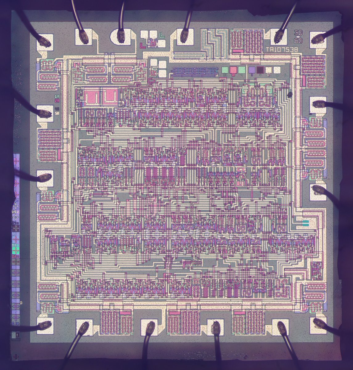 Most chips are formed on a silicon wafer, but this RCA telecommunications chip is constructed from sapphire. It is a silicon-on-sapphire CMOS chip, with silicon circuits sitting on top of a thin sapphire substrate. 1/11