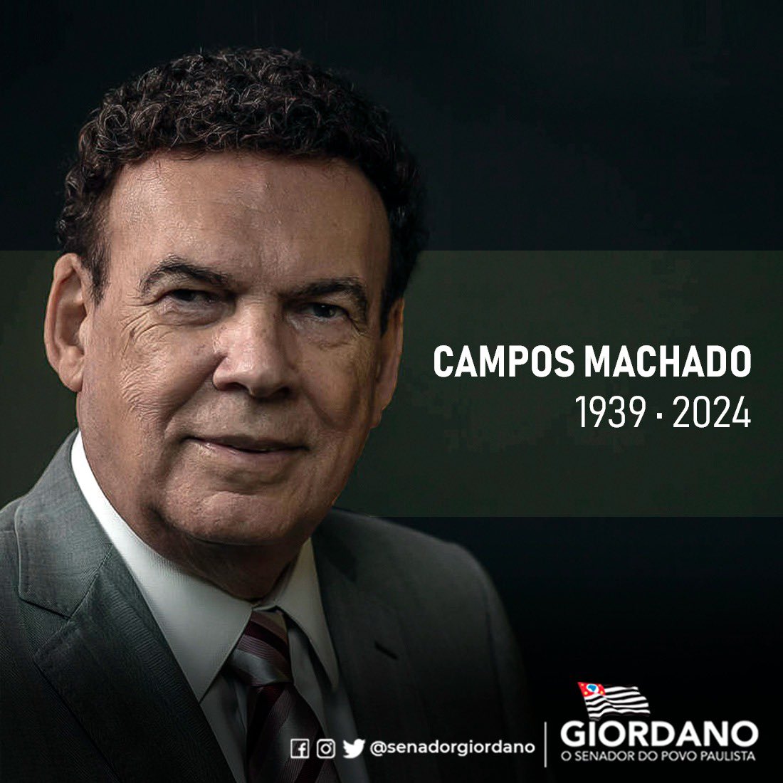 É com muita tristeza que recebi a notícia do falecimento do meu amigo, ex-deputado estadual por São Paulo por 8 mandatos, Antônio Carlos de Campos Machado. Nossos sentimentos à família e amigos. Que encontrem conforto na memória de sua dedicação e serviço público pelo Povo.