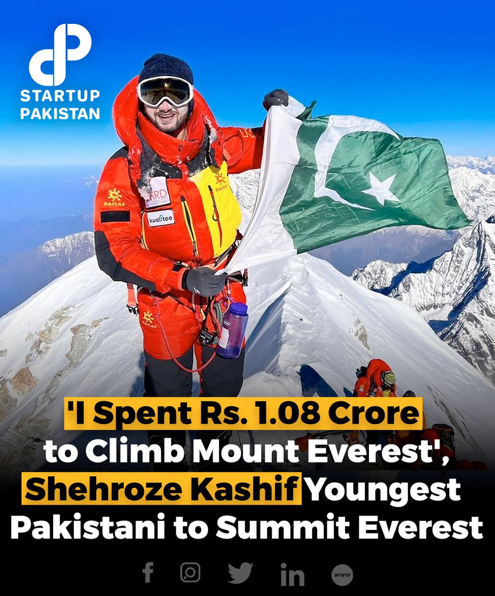 PakStartup's tweet image. Shehroze Kashif’s ascent of Mount Everest marks a pivotal milestone in his extraordinary mountaineering journey. 

Read More: startuppakistan.com.pk/i-spent-rs-1-0…

#Shehroze #Pakistani #Youngest #Mount #Everest #Climb