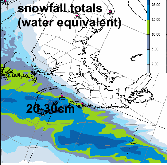 Factors to consider for Sunday's snow:
1. the snow fluffier in the cold air (i.e. deeper &amp; more blowing &amp; drifting)
2. tight gradient over HFX: a slight shift makes a big difference in snow total.
3. pic suggests ~10cm for HFX tomorrow night; but  5cm or 15cm are both reasonable.