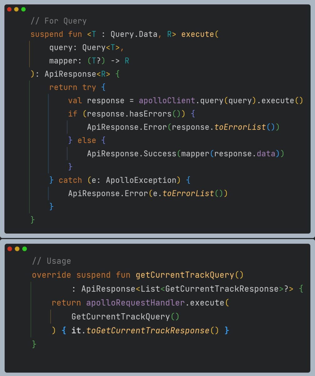 highcursor's tweet photo. Sharing a helper class for Apollo GraphQL request handling in Kotlin!

It provides a mechanism to perform queries and mutations and map the responses to structured results.

Check out the code and share your thoughts! 
Gist: https://t.co/PEKjZE7CdR

#AndroidDev #Kotlin #Android https://t.co/CTTcsmKAPL