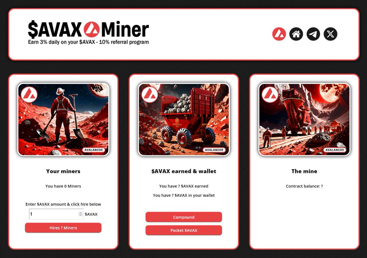 YF_DeFi's tweet photo. Sneak peek of our $AVAX miner interface

🚀Monday, Jan 8th 2024 @ 2PM UTC

💰3% Daily ROI
🤝10% Referral program
✅️Verified &amp; immutable contract

Website: https://t.co/MPha7327Sk
Telegram: https://t.co/Q4Mnwy50ZH

#Cryptocurrency #Avalanche #Stacking #Farming #Crypto #AVAX #BTC https://t.co/oYdmWDJre3