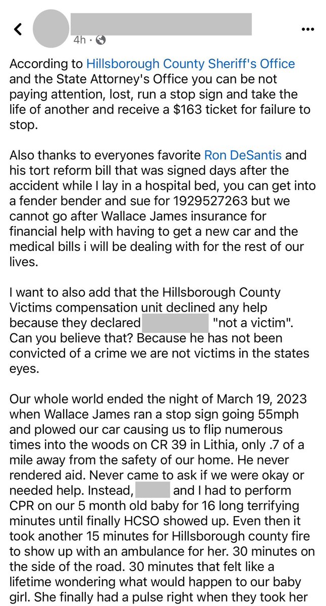 _wwmhd_'s tweet image. the man who ran a stop sign while going 55mph, took their baby&apos;s life, and didn&apos;t attempt to render aid is getting a ticket. that&apos;s it. they can&apos;t pursue any sort of legal action thanks to #RonDeSantis #TortReform in #Florida #Hillsborough 
&amp;amp; you say you&apos;re pro life? @RonDeSantis