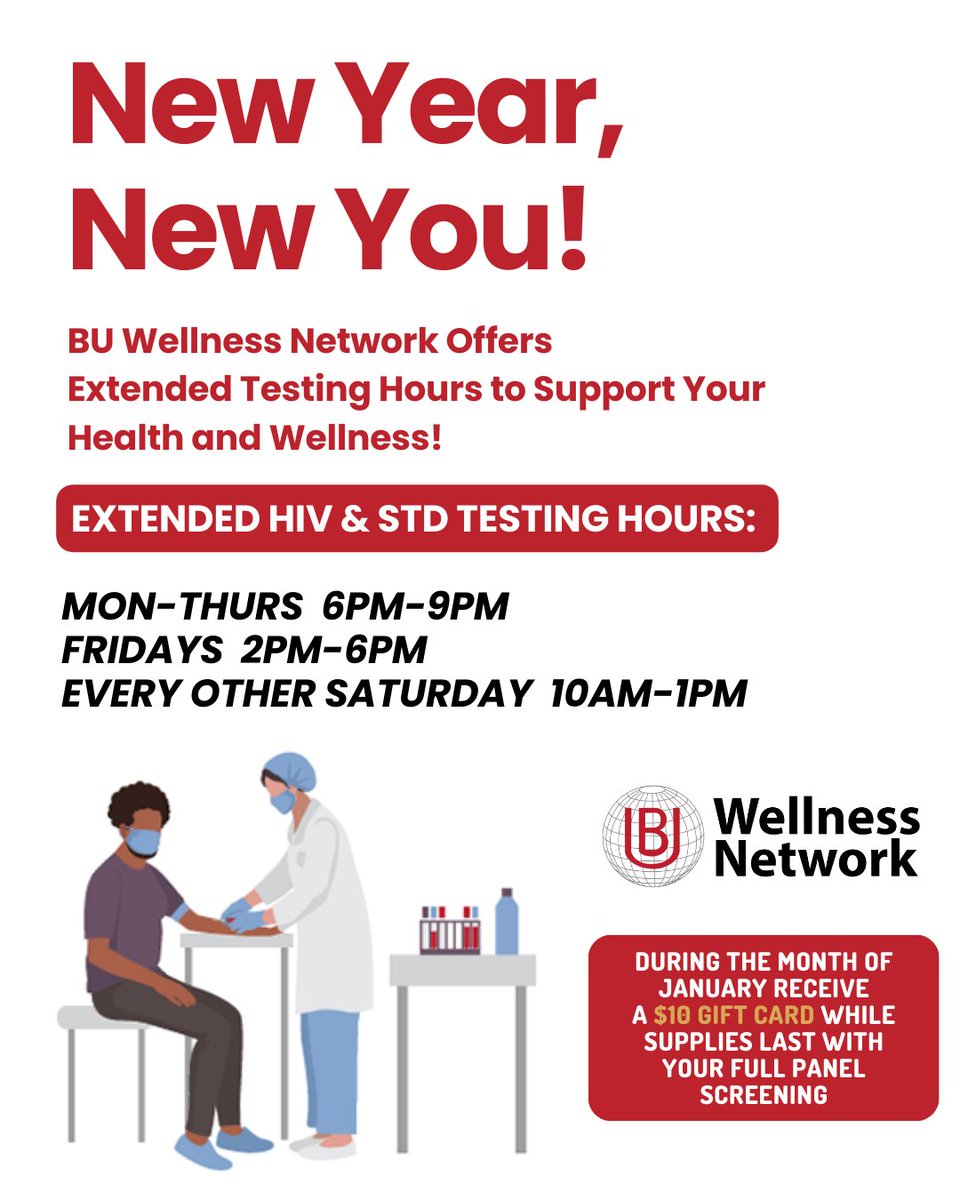 BUWellnessNet's tweet photo. 🎉 New Year, New You 🌟 Start your year off right by taking charge of your well-being. Join us in January for HIV and STD testing during our evening hours and receive a FREE $10 gift card (while supplies last). 

Visit https://t.co/T1Uji7IOOf or call 317-931-0292 to schedule! https://t.co/8yYk382rOL
