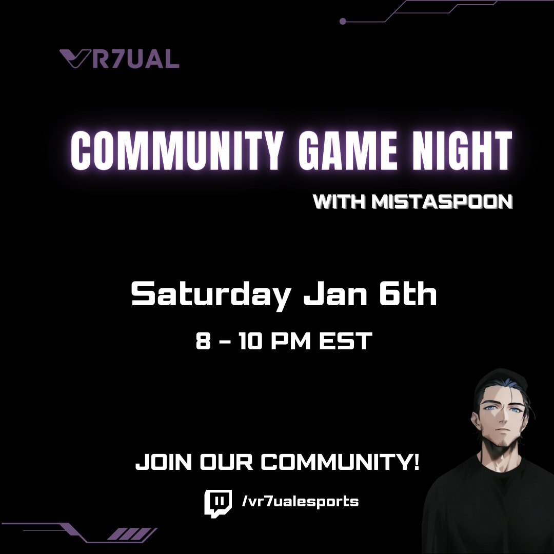 vr7ual's tweet photo. Join the virtual world for an evening of fun: Community Game Night this Saturday with live hosting! Connect, compete, and celebrate with fellow gamers from 8 to 10 PM EST. Your squad awaits at /vr7ualesports. Don't miss out! #vr7ual #GamingCommunity https://t.co/eGKeK5N2vc