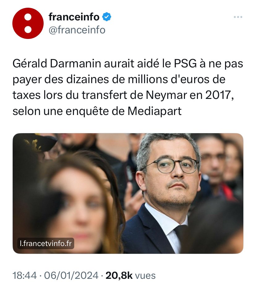 Cette info est sortie jeudi donc il était temps que Franceinfo s’en préoccupe mais vu qu’on parle d’une arnaque qui se situe entre 67 et 224 millions d’euros, il faudrait aussi se demander pourquoi Darmanin n’est pas en GAV après avoir démissionné..
l.francetvinfo.fr/xFH