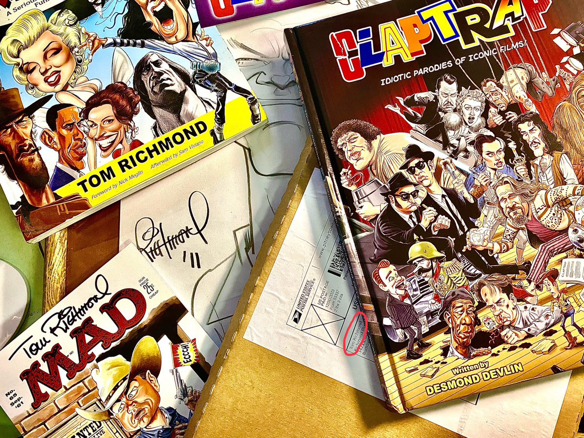 Today I got to add another piece to my MAD artist Tom Richmond <a href="/art4mad/">Tom Richmond</a> collection: a genuine mailing label from Tom’s house!!!! (Oh, and also some book I ordered, like four years ago….)