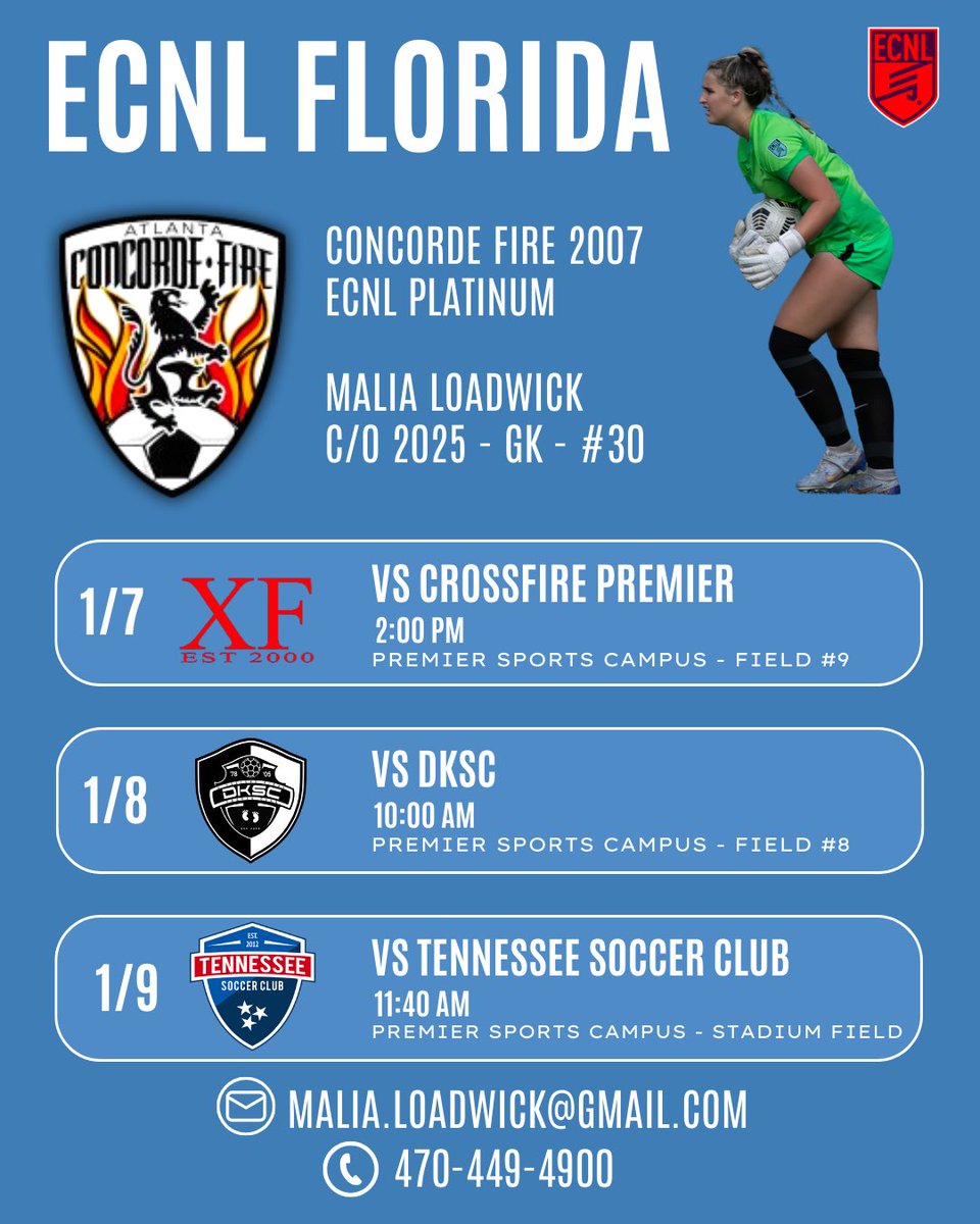 ATL✈️FL  Super excited for some great competition at #ECNLFL. Come check out <a href="/Concorde07G/">Concorde Fire Platinum ECNL 06/07</a> for some great soccer!

<a href="/PrepSoccer/">Prep Soccer ⚽️</a> <a href="/ImYouthSoccer/">ECNL/GA/Recruiting/College Soccer</a> <a href="/ECNLgirls/">ECNL Girls</a> <a href="/ECNLSoutheast/">ECNL Southeast Girls</a> <a href="/TopDrawerSoccer/">TopDrawerSoccer</a>