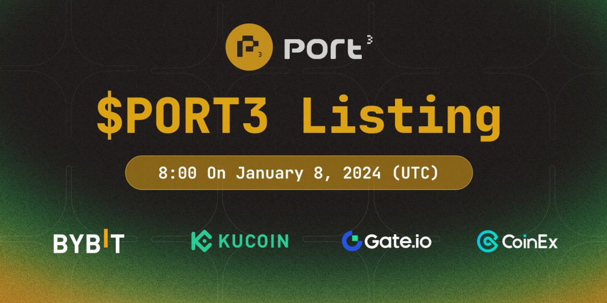 🔥Major Milestone! 🚀  
$PORT3 is set for a grand debut on four top-notch platforms simultaneously!

📲Bybit, KuCoin, Gate.io, and CoinEx Listings 
📅 All platforms go live at 8 AM UTC on Jan 8, 2024!

#Port3Network