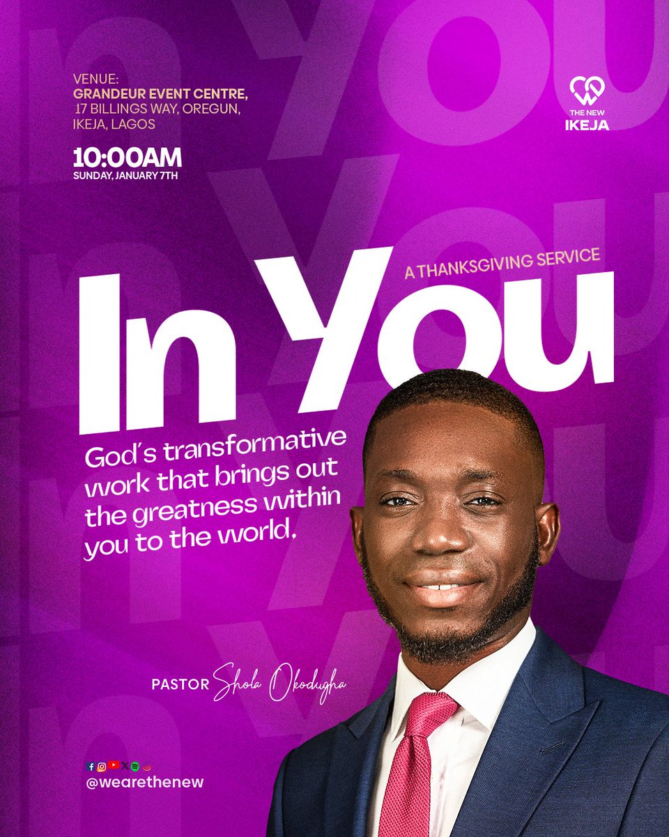 TheNew_ikeja's tweet image. “In You” we move and have our very being.

Join us for our Thanksgiving Service tomorrow with our Pastor  @SholaOkodugha.

You know the place: The Grandeur Event Center
Time: 10am

Come with your dancing shoes and your note pads, we'll be learning a lot.

#WeAreTheNew #InYou