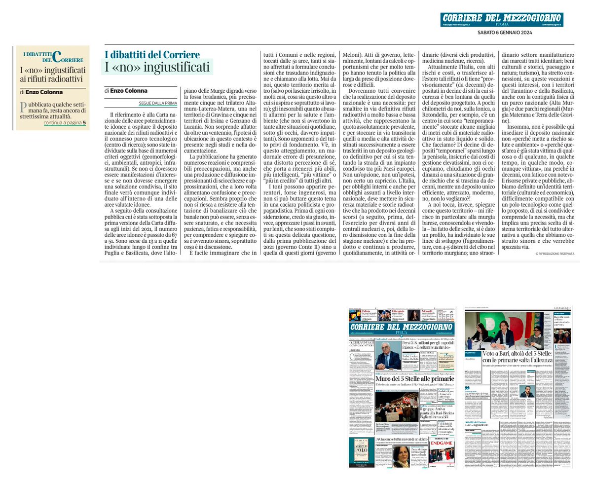 A proposito del #DepositoNazionaleRifiutiRadioattivi e della Carta Nazionale delle Aree Potenzialmente Idonee #CNAPI. Oggi nel <a href="/corrmezzogiorno/">CorriereMezzogiorno</a>
#Puglia #Basilicata