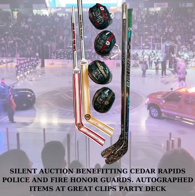 RidertownUSA's tweet photo. 🌟 Join us at the Great Clips party deck to check out team autographed items in the CRPD and CRFD silent auction! 100% of proceeds go to the Cedar Rapids Police and Fire Honor Guards. Let’s support our heroes! 🚓🚒 #HonorGuards #PoliceFire #SilentAuction #CommunitySupport https://t.co/dda57YhKj8