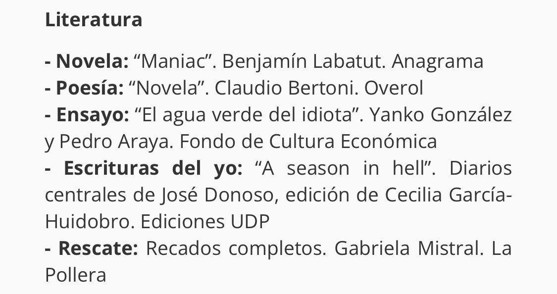 ana_josefa's tweet photo. #Premios #Literatura
#Maniac , B.Labatut @AnagramaEditor 📚
#Overol C. Bertoni 📚
#ElAguaVerdeDelIdiota Y.González y P.Araya @FCEChile 📚
Diarios de José Donoso @EdicionesUdp @ceciliaghuidobr 📚
#RecadosCompletosG.Misteal @lapollera
https://t.co/Fz6rQcqfyu vía @circulocriticos https://t.co/1xC6TkwECE