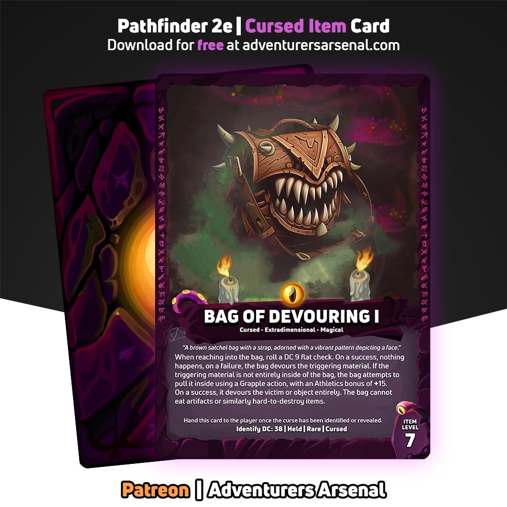 AdventArsenal's tweet image. 🌟 Cursed Item Reveal: Bag of Devouring 🌟

A cursed and ominous item that hungers for whatever unfortunate items dare to cross its maw ..  And guess what? It's absolutely FREE! 

Download today at: adventurersarsenal.com 

#pathfinder #pathfinder2e #pf2e #curseditem