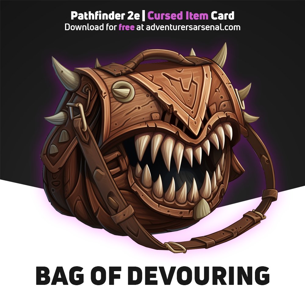 AdventArsenal's tweet image. 🌟 Cursed Item Reveal: Bag of Devouring 🌟

A cursed and ominous item that hungers for whatever unfortunate items dare to cross its maw ..  And guess what? It's absolutely FREE! 

Download today at: adventurersarsenal.com 

#pathfinder #pathfinder2e #pf2e #curseditem