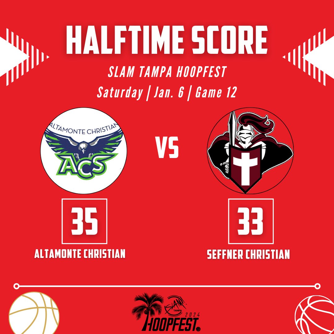 Game 12: <a href="/TampaHoopfest/">SLAMTampaHoopfest</a>

At the half:

Altamonte Christian 35
Seffner Christian 33

📊 Leaders

<a href="/goacsathletics/">GoACSAthletics</a> 
Ryan Almeda 12

<a href="/SCA_Basketball/">Seffner Christian Boys Basketball</a>
Vernon Lee Jr. 14