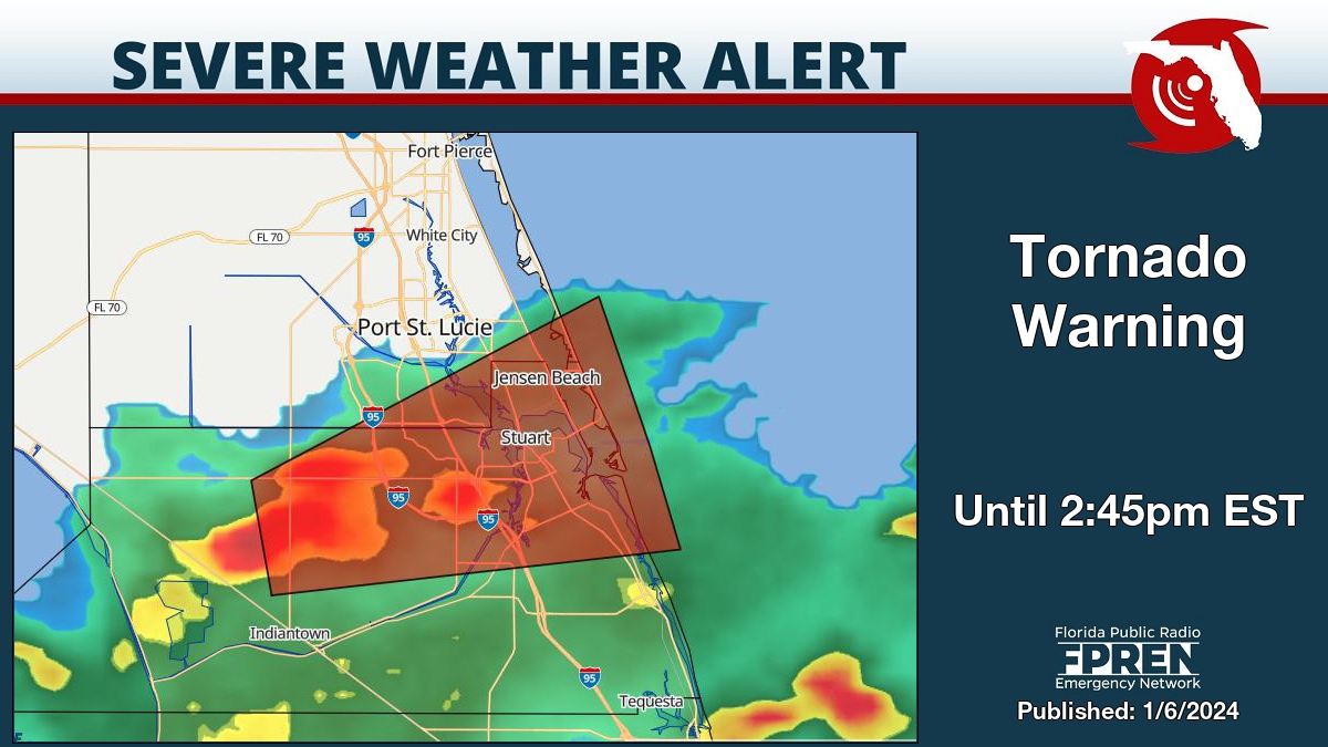 FloridaStorms's tweet photo. Tornado Warning for Martin and St. Lucie County until 2:45pm EST. Details on the Florida Storms app. #flwx https://t.co/s2S1dvdHKD