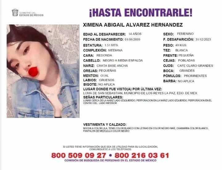 Somoselmedio's tweet photo. 🚨 Solicitamos de tu ayuda en difusión para localizar a Ximena Abigail Alvarez Hernandez, de 14 años de edad, quien fue vista por última vez en Loma de San sebastian, Municipio de los Reyes la Paz Edo. De México.
Si sabes algo comunícate al número del COBUPEM 800 509 09 27. https://t.co/DoDvfCQ2Az