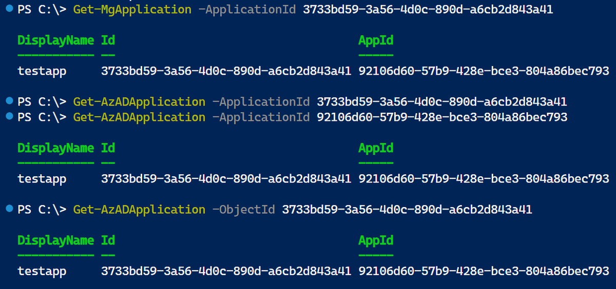 <a href="/AdamGell/">Adam G</a> Let's compare it with the correct implementation in #Azure #PowerShell 

Get-MgApplication's -ApplicationId should be the -ObjectId parameter. Run all these commands with the -Debug and compare the URIs.
