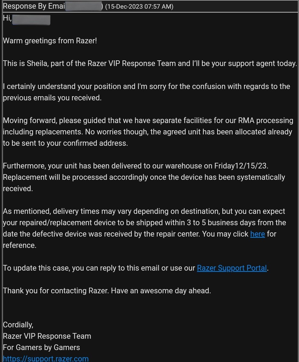 @Razer @RazerSupport update: They agreed to send me a replacement unit but only once they recieved my faulty one. I sent them it as asked and they recieved it on the 15/12/23. They have since failed to send my replacement unit despite saying they would give me tracking # On 19/12